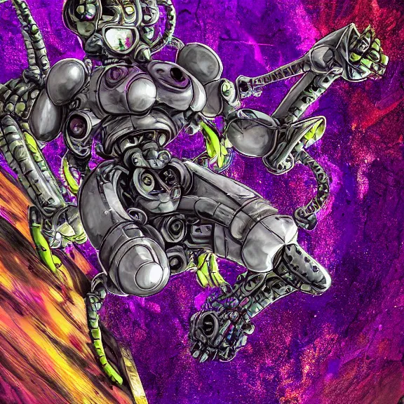 Image similar to detailed shot of inside a cavernous living stomach of a mecha goddess, the walls purple and pulsing, lots of acid pooling up on the floor, digesting and dissolving a small human as it thrashes in acid, food pov, micro pov, vore, digital art, furry art, anthro art, high quality, 8k 3D realistic, macro art, micro art, Furaffinity, Deviantart, Eka's Portal, G6