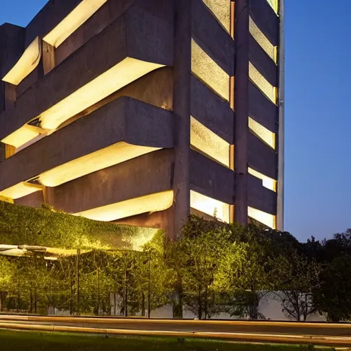 Prompt: a furturistic brutalist complex built in brutalism architecture, ten by ten kilometers large, with lush gardens and forests between the buldings, diverse unique building geometry full of shapes and corners, photography at night