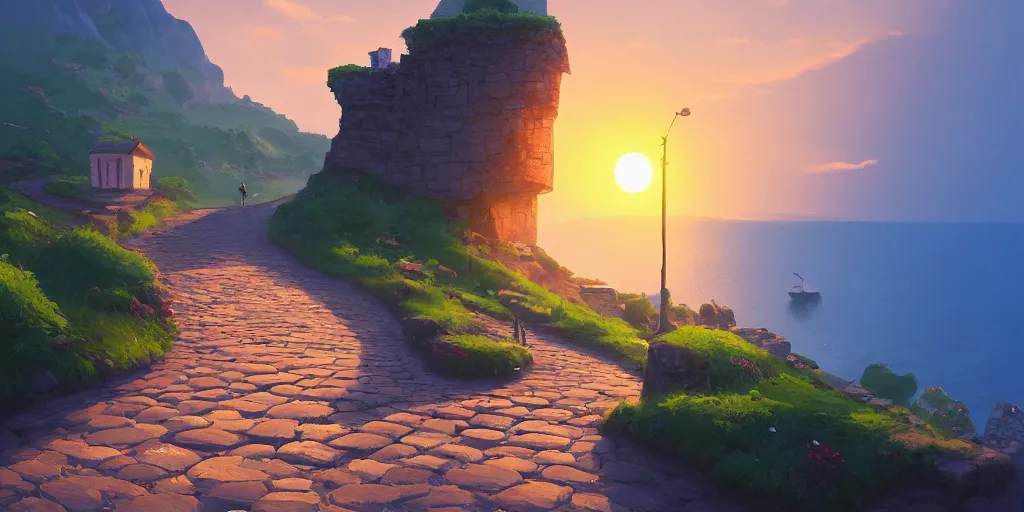 Image similar to a lonely cobblestone street with a kiosk on a cliff over the sea at sunset, artstation, colorful sylvain sarrailh concept art, by peter chan, wrong perspective points