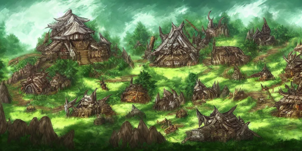 Image similar to Orc village in the middle of the forest. In style of Ragnarok Online, Korean MMORPG, epic, professional art, digital art, 8K, concept art.