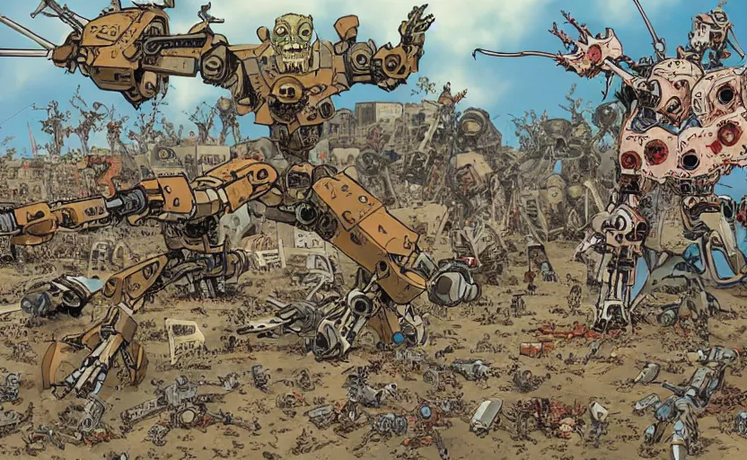 Prompt: a zombie vs mecha battle, art by geoff darrow, high quality, extremely detailed, wimmelbilder, - c 1 3. 0