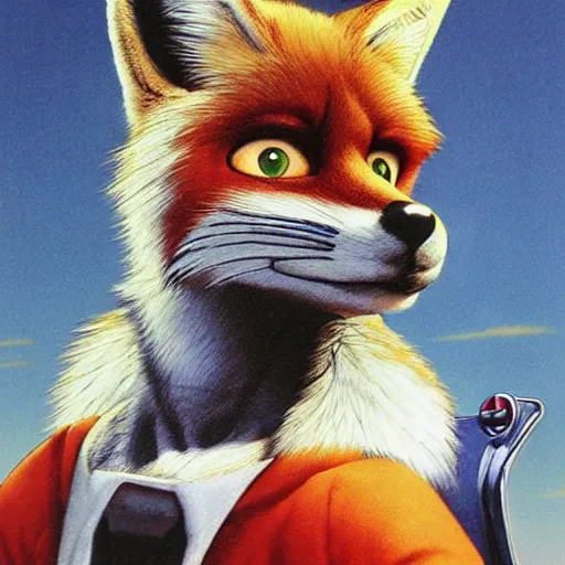 Image similar to a portrait of fox mccloud posing proudly, suspenseful, anthropomorphic furry art, star fox, by jim burns, vincent di fate, and peter elson