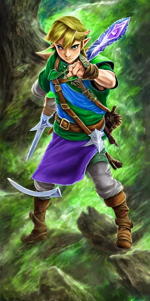 Image similar to link dressed in traditional green tunic and cap, holding the master sword and hylian shield in each hand, in dynamic fighting pose, clear detailed face with focused expression, mystical forest background, dark skies, green purple blue pink iridescent color scheme, intricately detailed, finely textured, cgsociety