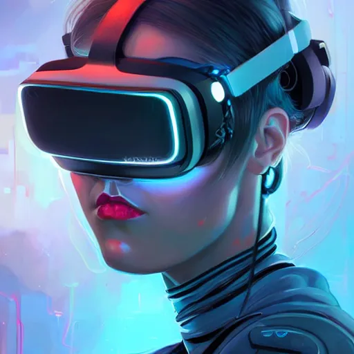Prompt: portrait of a beautiful cybernetic raver girl wearing a oculus rift headset, cyberpunk concept art by pete mohrbacher and artgerm and wlop and deathburger and syd mead, digital art, highly detailed, intricate, sci-fi, neon colors, sharp focus, Trending on Artstation HQ, deviantart, unreal engine 5, 4K UHD image