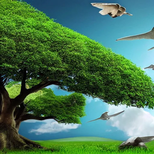 Prompt: three white whales flying near giant tree in the green field, realistic, HD,