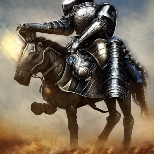 Image similar to a medieval knight in full plate metal armor riding a motorcycle holding a pistol, digital art, highly detailed, high quality, high resolution