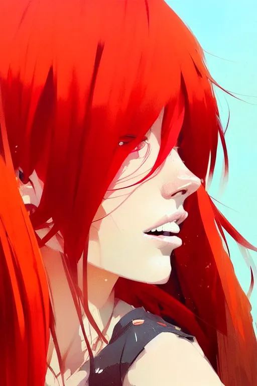 Image similar to a ultradetailed beautiful portrait panting of a stylish woman with red bangs, by conrad roset, greg rutkowski and makoto shinkai, trending on artstation