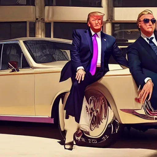 Prompt: donald trump sitting next to a roll's royce, gta 5 artwork, gold chain necklace, purple suit
