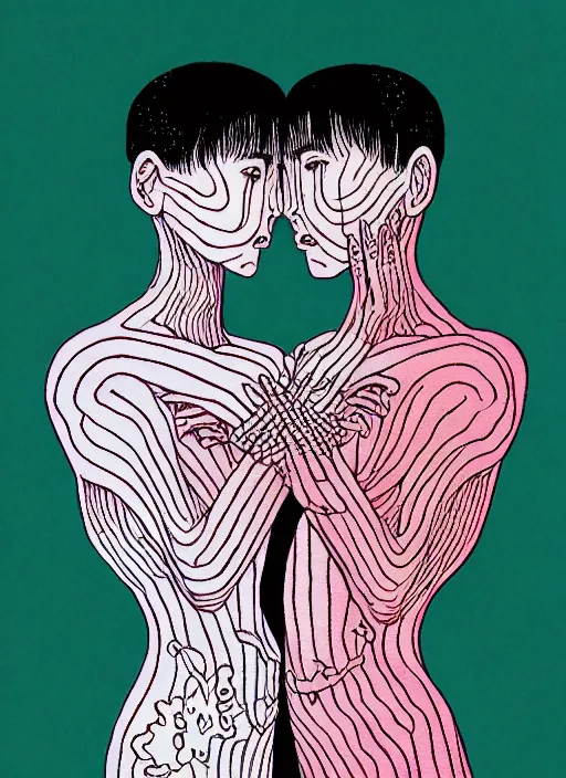 Image similar to 1 px color ink art by junji ito, perfectly centered symmetrical balanced male and female portrait of man and woman in love sharing one heart. high coherence ; fractal geometrical 8 k ultra hd