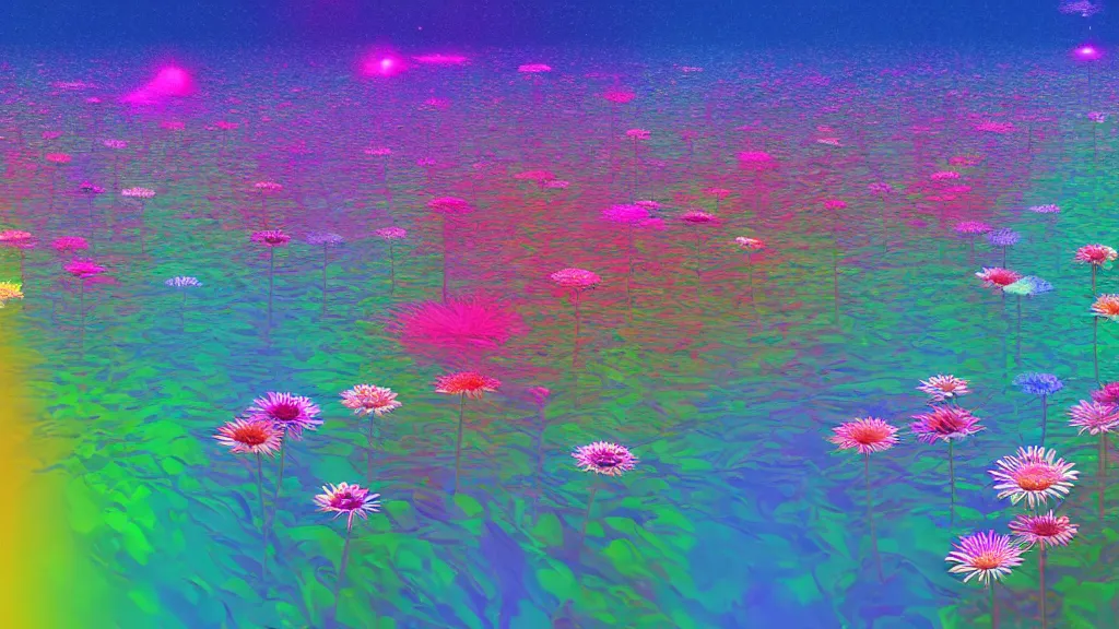 Image similar to digital illustration of a lake full of giant multi - colored gerber daisy flowers by dr. seuss, reimagined by ilm and beeple : 1 | megaflora, spectral color, electric color, rolling hills : 0. 9 | fantasy : 0. 9 | unreal engine, deviantart, artstation, hd, 8 k resolution : 0. 8