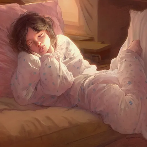 Image similar to little girl in pajamas sleeping, realistic portrait, highly detailed, digital painting, artstation, concept art, smooth, sharp focus, illustration, cinematic lighting, art by artgerm and greg rutkowski and alphonse mucha