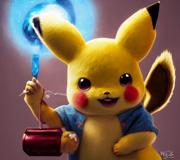 Image similar to epic fantasy comic book style portrait painting of a giant feral pikachu holding a tiny misty in his hand, by mark ryden and pixar and hayao miyazaki, unreal 5, daz, hyperrealistic, octane render, cosplay, rpg portrait, dynamic lighting, intricate detail, cinematic