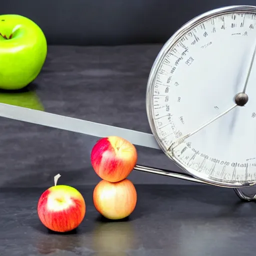 Image similar to set of balance scales with weights, one apple and one onion