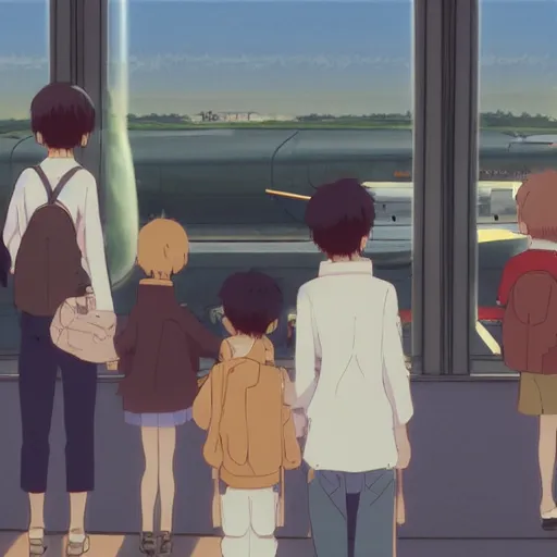 Image similar to A family saying goodbye to their children at a busy plane train station, by Dice Tsutsumi, Makoto Shinkai,