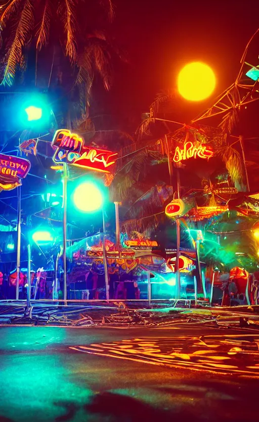 Prompt: super realistic, aesthetic, beautiful and colorful photo of a incredibly beautiful 8 0 s fair at nighttime, beautiful, professional camera