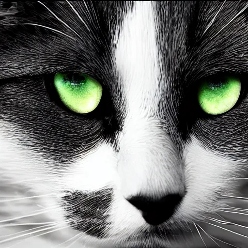 Image similar to a black and white cat highschool yearbook photo colorful bright green eyes, medium shot, hd, 8k, hyper-realism, detailed, octane 8k,