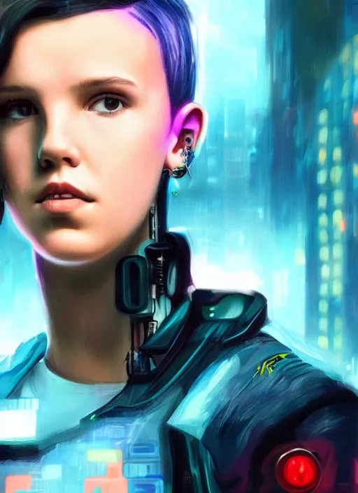 Prompt: Portrait of cyberpunk Millie Bobby Brown