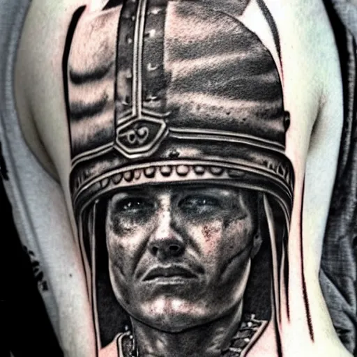 Image similar to A gladiator wearing a thracian helmet, tattoo, tattoo art, Black and grey tattoo style