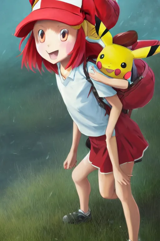 portrait of cute pokemon trainer girl with vibrant red, Stable Diffusion