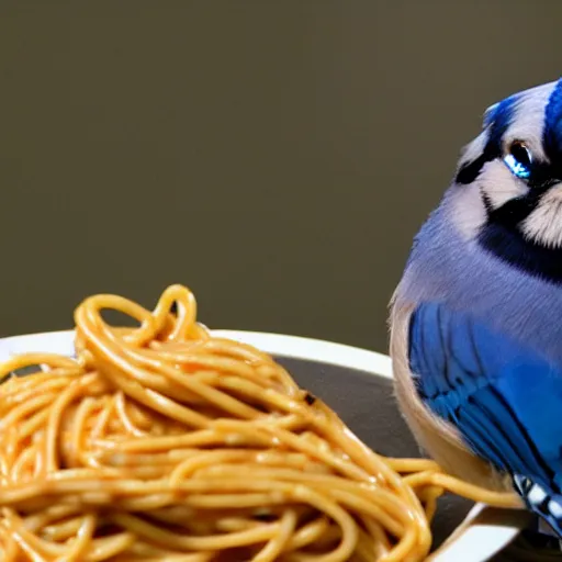 Image similar to bluejay staring at spaghetti