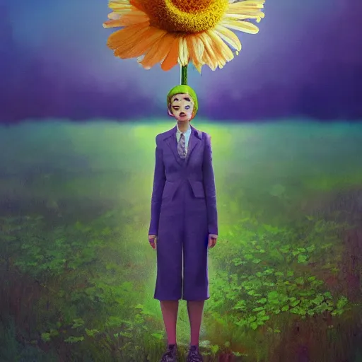 Image similar to giant daisy flower head, frontal, girl in a suit, surreal photography, sunrise, dramatic light, impressionist painting, digital painting, artstation, simon stalenhag