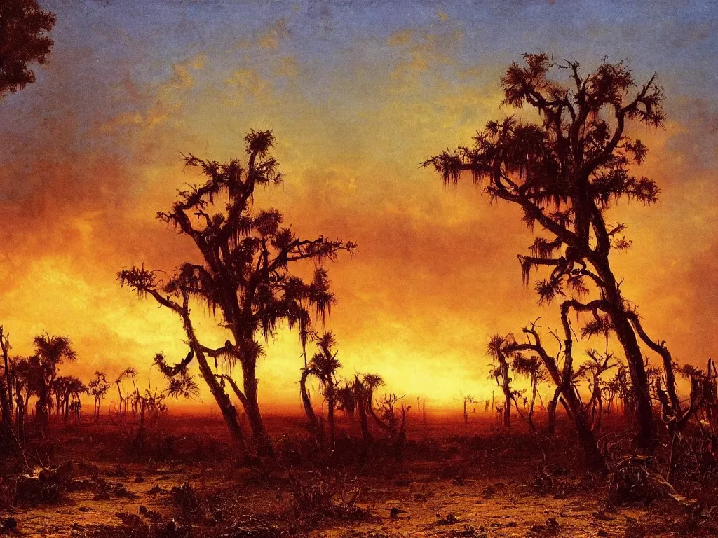 Prompt: a post apocalyptic west florida landscape after a nuclear war, beautiful radioactive sunset lighting, beautiful painting, miami beach, painted by albert bierstadt