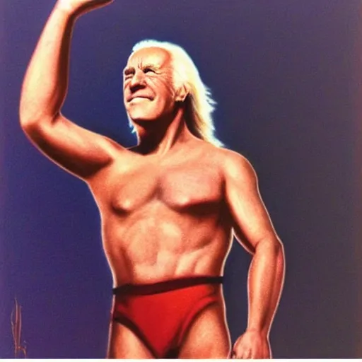 Image similar to boris vallejo portrait of joe biden wearing monokini in the movie zardoz