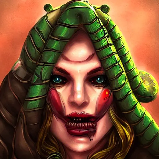 Image similar to snake-face lady, snake-face lady, snake-face lady, epic fantasy digital art, fantasy style art, fantasy hearthstone art style