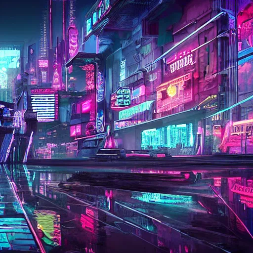 Image similar to a humongous neon city abandoned on a cyberpunk biome, digital art, wet reflections, intricate details, fantasy, hyper realism, humongous view, rtx, smooth, cinematic