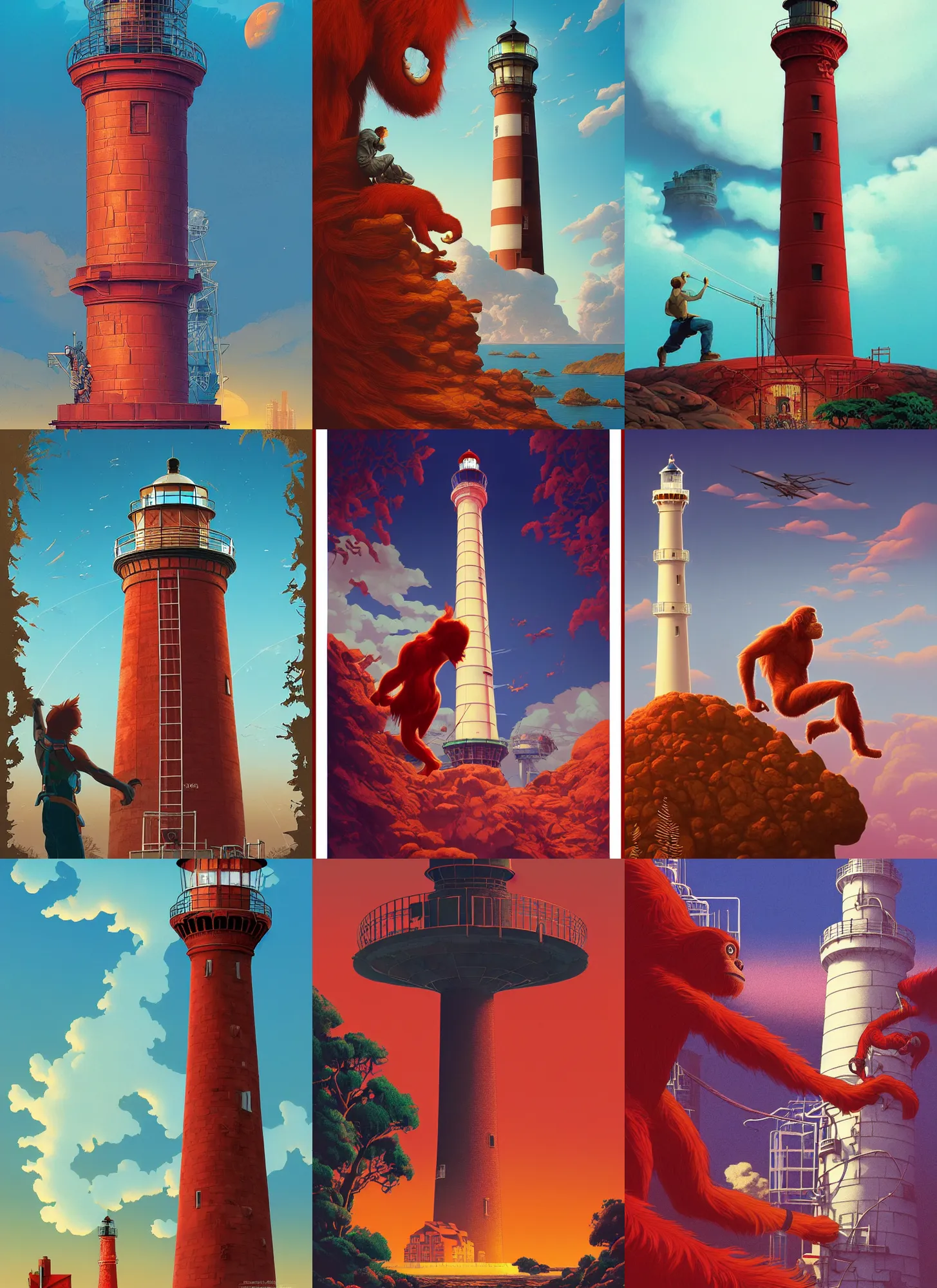 Prompt: travel poster artwork by michael whelan and tomer hanuka, rendering of red orangutan climbing on the lighthouse building, high contrast, full of details, by makoto shinkai and thomas kinkade, matte painting, trending on artstation and unreal engine