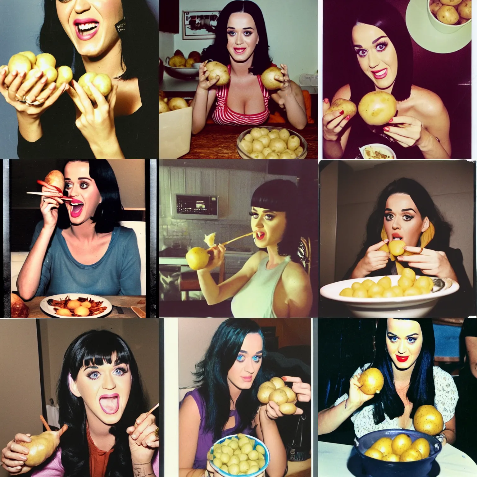 Prompt: katy perry eating raw potatoes, polaroid photo