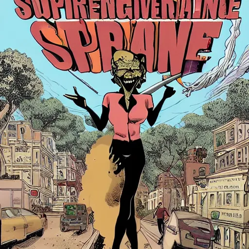 Image similar to a revengeful super tall mother nature sprays a deadly spore spray over the entire human race, graphic novel, detailed, in the style of Geoff Darrow and Frank Miller