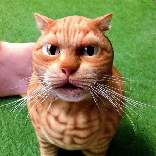 Prompt: bald garfield in real life, garfield has no hair on the top of his head, bald spot on his head, photo