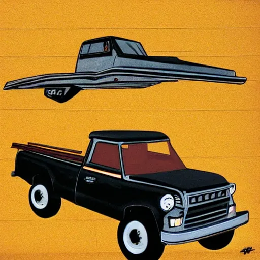 Image similar to flying pickup truck in the style of ralph mcquarrie