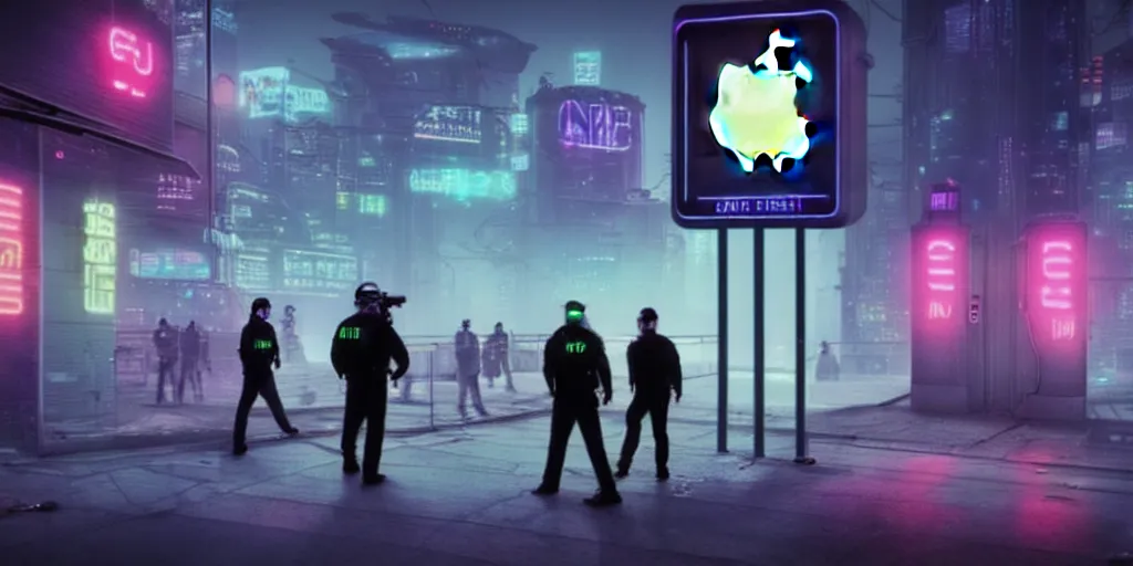 Prompt: in the grim cyberpunk neon future the apple inc police stop a pedestrian and check for DRM compliance, dystopian, urban