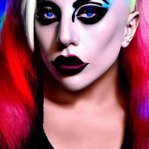 Prompt: beautiful awe inspiring Lady Gaga playing Harley Quinn 8k hdr moody lighting
