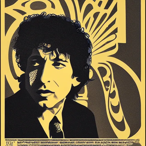 Prompt: art nouveau graphic design portrait of bob dylan by paul rand