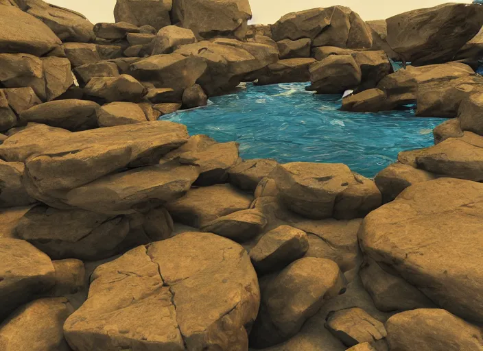 Prompt: bunch of rocks that are in the water, concept art by senior environment artist, polycount contest winner, environmental art, concept art, artstation hq, sketchfab