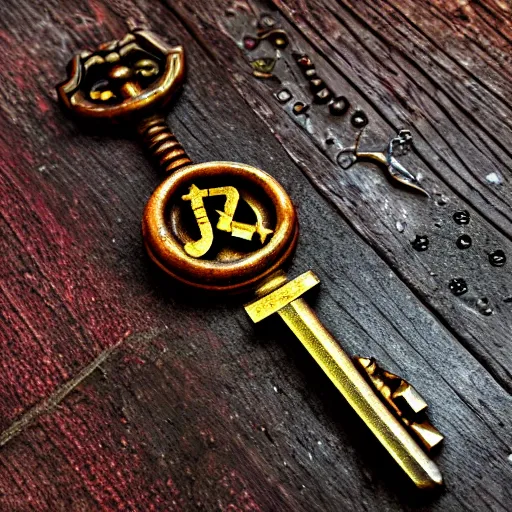 Image similar to a large ornate key with gems and engraved runes, on a rough wooden dungeon table, very dark, d & d, underexposed macro photo