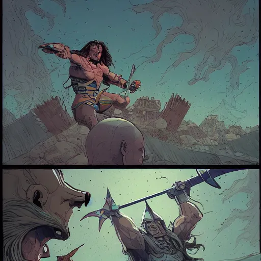 Image similar to cell shaded cartoon, conan the barbarian fighting a wizard on a normal suburban lawn, illustration, wide shot, subtle colors, concept art by josan gonzales and wlop, laurie greasley, jordan grimmer and james jean, highly detailed, sharp focus, trending on artstation, hq, deviantart, art by artgem