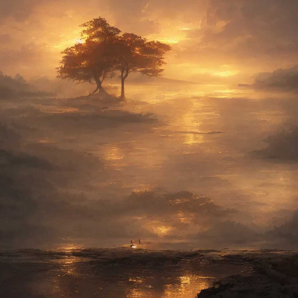 Prompt: lake filed with molten gold, volume lighting, concept art, by greg rutkowski