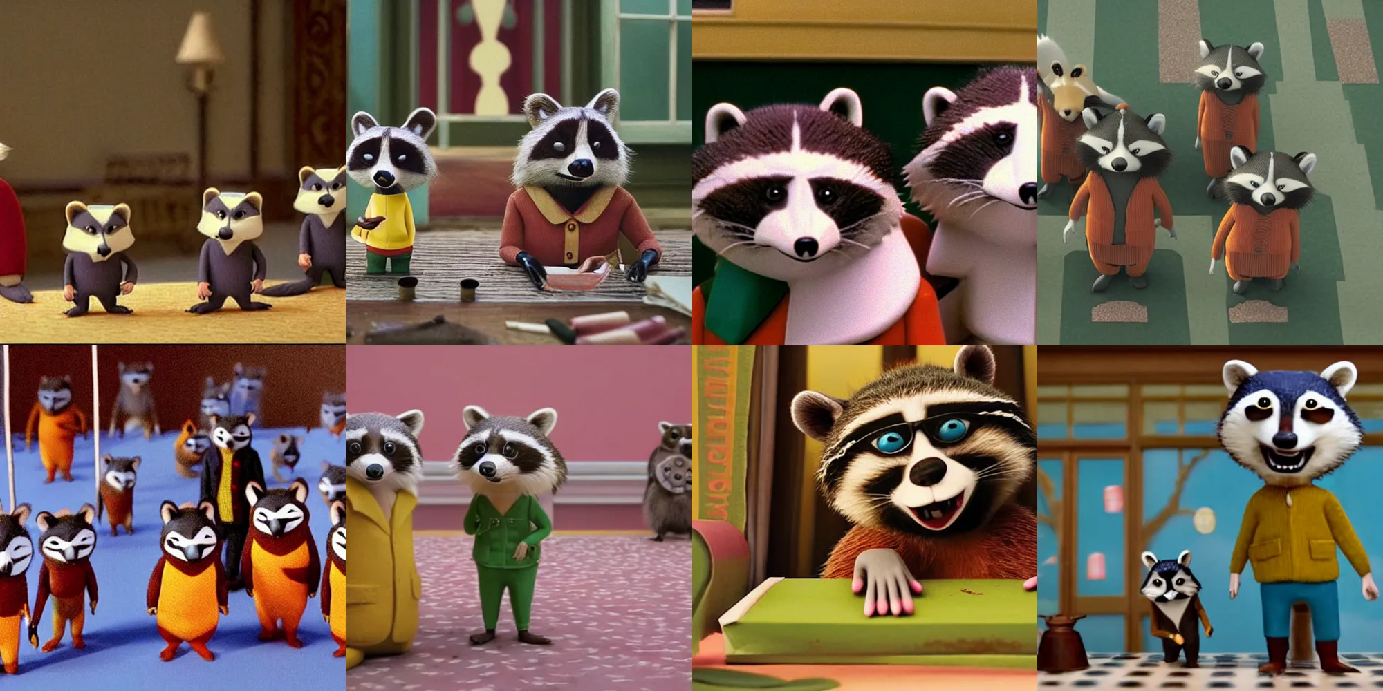 Prompt: still from a stop motion movie by Wes Anderson about anthropomorphic raccoons