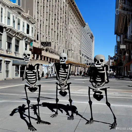 Prompt: skeletons walking around in san franciso city, ultrarealistic