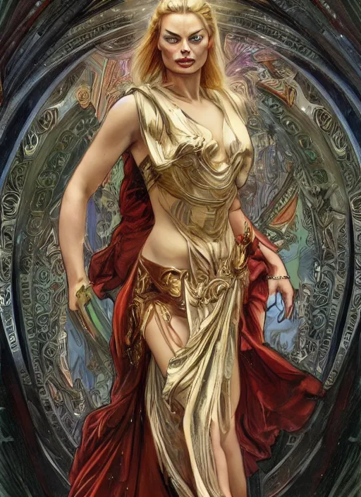 Prompt: Margot Robbie as God of Mischief, brutal, epic, intricate, elegant, highly detailed, digital painting, 4k, HDR, concept art, smooth, sharp focus, illustration, art by alphonse mucha,artgerm, H R Giger