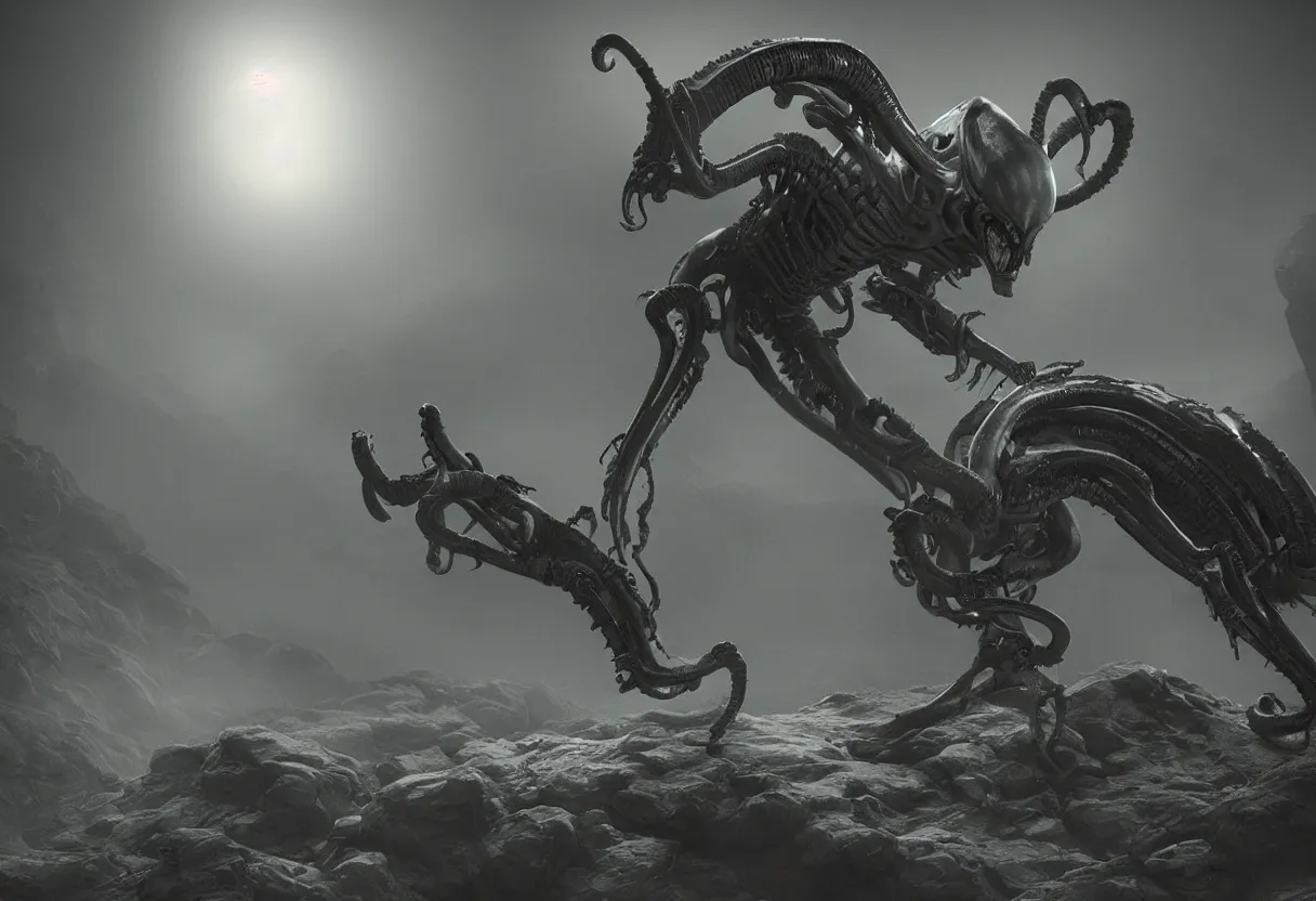 Prompt: A Xenomorph XX121 sneaking in a dimly lit fog on a rocky barren wasteland at night, dark atmosphere