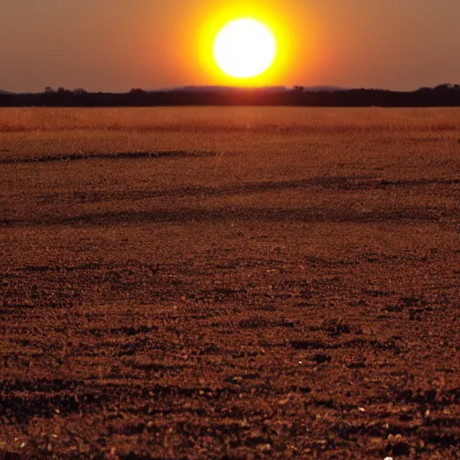 Image similar to big sun on horizon with smooth ground and parallel shadows