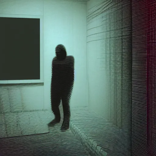 Image similar to cctv of an extremely dark empty room with glowing humanoid cryptid monster made out of static, dark deep black shadows, red and black color contrast in the style of trevor henderson and james ensor goya, liminal space, 3 d octane render, glitch effect