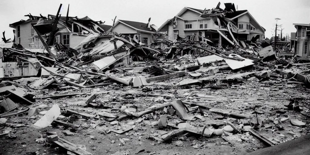 Prompt: aftermath of the destruction caused by the 1 9 6 4 alaska earthquake, photography