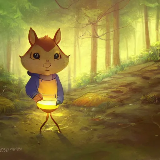 Image similar to concept art painting of an anthropomorphic anime chipmunk wearing a yellow cloak, holding a lantern, in the deep forest, realistic, detailed, cel shaded, in the style of makoto shinkai and greg rutkowski and james gurney