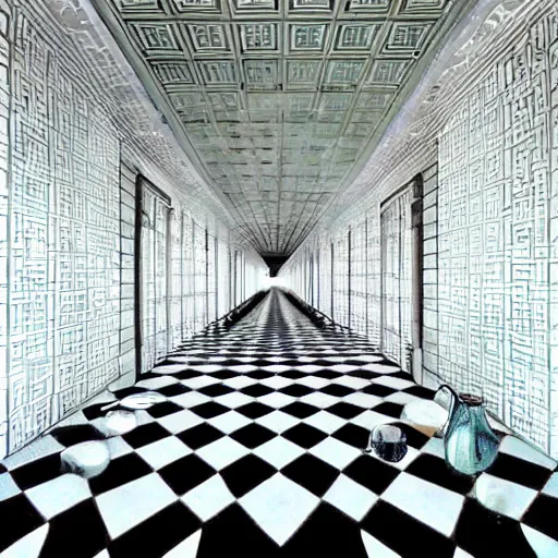 Prompt: Beautiful Photograph of an infinitely tiled infinite hallway with water water water water on the floor